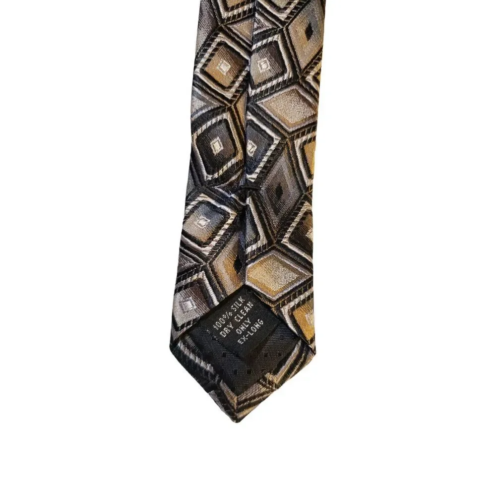 King‎ Size Mens 100% Silk Tie Tan Black Geometric Men Necktie Long 62 x 4